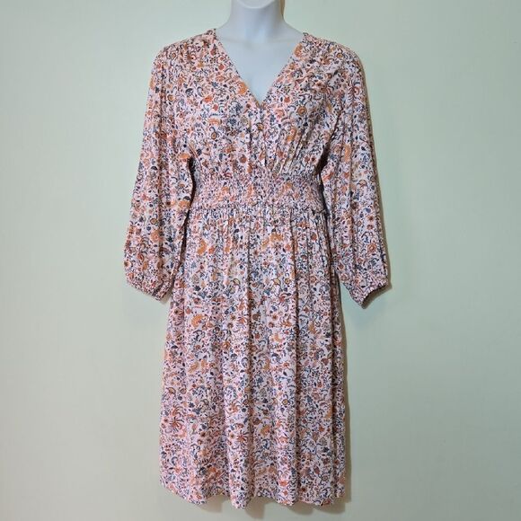 Old Navy Floral Milkmaid Fall Dress Puff Sleeve Midi XXL 2X Tradwife Smocked - Picture 1 of 14